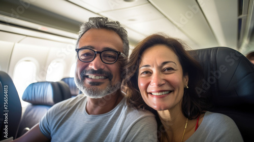 Mixed race middle aged couple travelling by plane, holiday vacation concept. AI Generated content