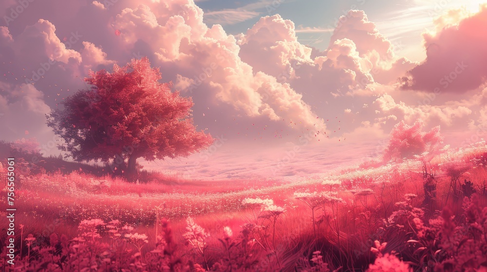 Surreal landscape of a vibrant pink meadow under a dreamy sky, with a solitary magical tree and floating petals. - obrazy, fototapety, plakaty 