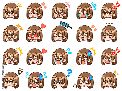 かわいい女の子ちびキャラの斜め向き顔アイコンイラスト素材セット2