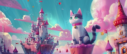 Create a whimsical depiction of cat royalty in a floating kingdom using bright