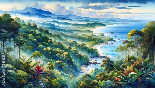 Watercolor landscape of Corcovado National Park in Costa Rica photo