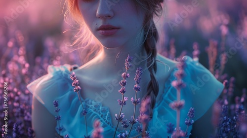 A dreamy close-up of a young woman surrounded by lavender flowers, bathed in the soft light of twilight.
