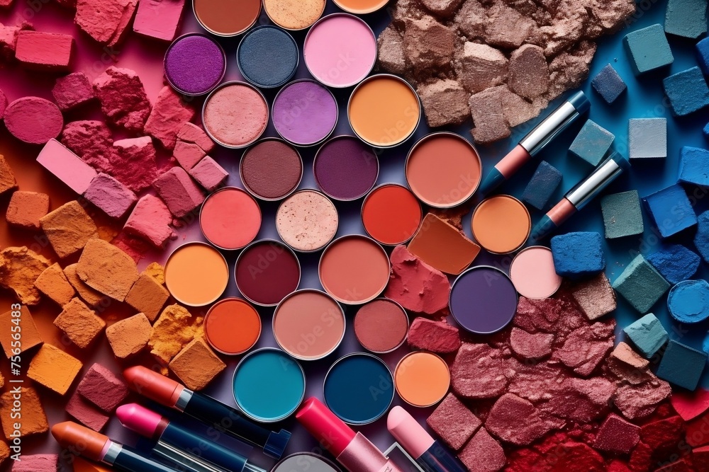 Colorful makeup collection of eyeshadows, blushes, lipsticks, and mascaras
Colorful makeup collection of eyeshadows, blushes, lipsticks, and mascaras