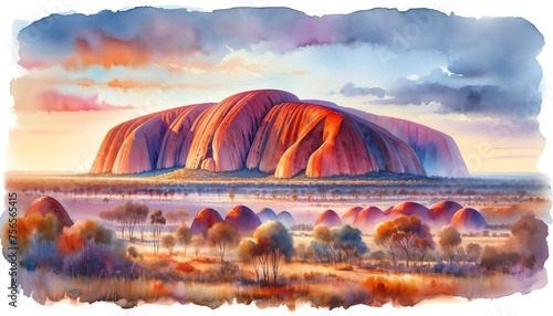 Watercolor landscape of Uluru-Kata Tjuta National Park, Australia photo