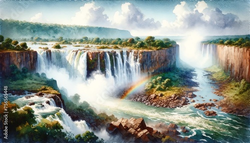 Watercolor landscape of Victoria Falls National Park, Zimbabwe © monkik.