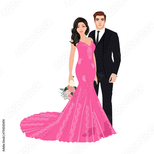Indian Wedding Couple Standing wearing Suit and Pink Gown in Romantic pose
