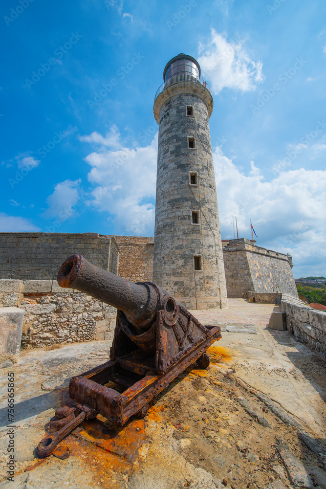 Lighthouse (Faro) at Castillo de los Tres Reyes del Morro at the mouth of Havana Harbor in Old Havana (La Habana Vieja), Cuba. Old Havana is a World Heritage Site. 