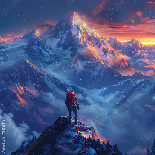 A climber beholds a majestic, snow-capped mountain range under a vibrant sunset sky. © ChoopyChoop