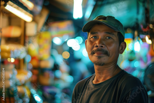 A simple street market seller in front of his stand stall. Blurred background with bokeh. Created with Generative AI technology. © Artem