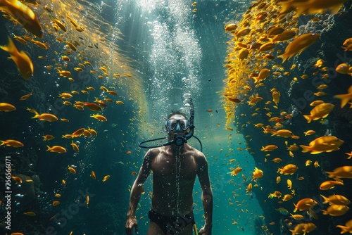 Scuba diver immersed in underwater life as a school of fish swims around in a sunlit ocean environment © Larisa AI