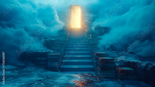 Books form a stairway ascending to a glowing doorway, representing the path of knowledge to success, set against blue backdrop.