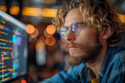 A soft focus shot of an individual with curly hair in a denim jacket, working in front of a computer with code on screen
