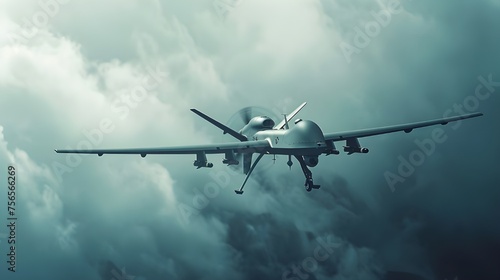 A drone combat vehicle maneuvers in the air. Its powerful cameras and sensors actively scan the area, performing a combat mission with high accuracy and stealth.