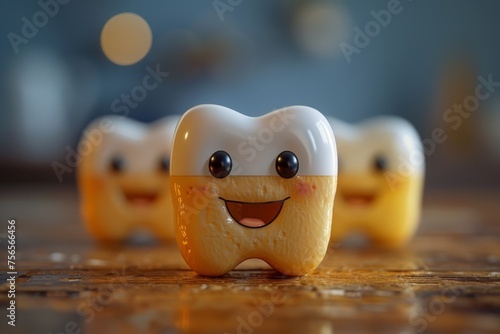 An adorable tooth character with a shiny surface features in this heartwarming photo with a blurred background