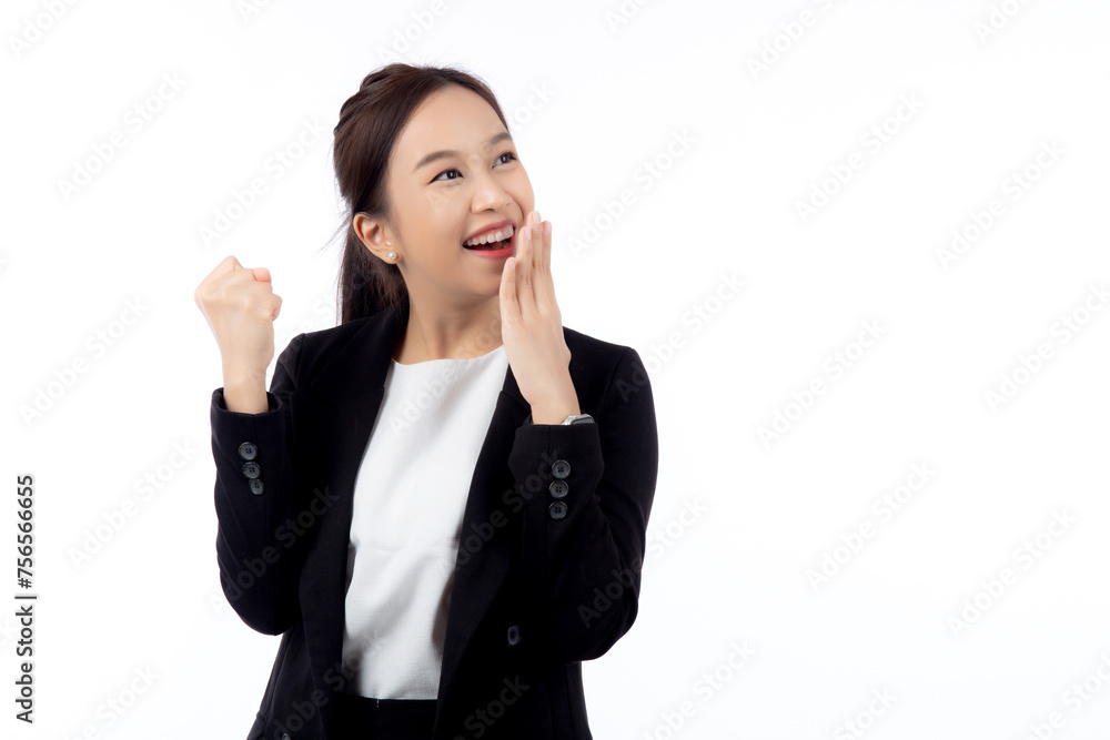 Portrait young asian businesswoman in suit standing with excited isolated white background, business woman is manager or executive thinking and idea with imagination with success, business concept. Portrait young asian businesswoman in suit standing with excited isolated white background, business woman is manager or executive thinking and idea with imagination with success, business concept.
