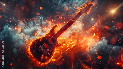 Fiery Guitar Illustration Surrealistic Solo Evoking Passion and Energy