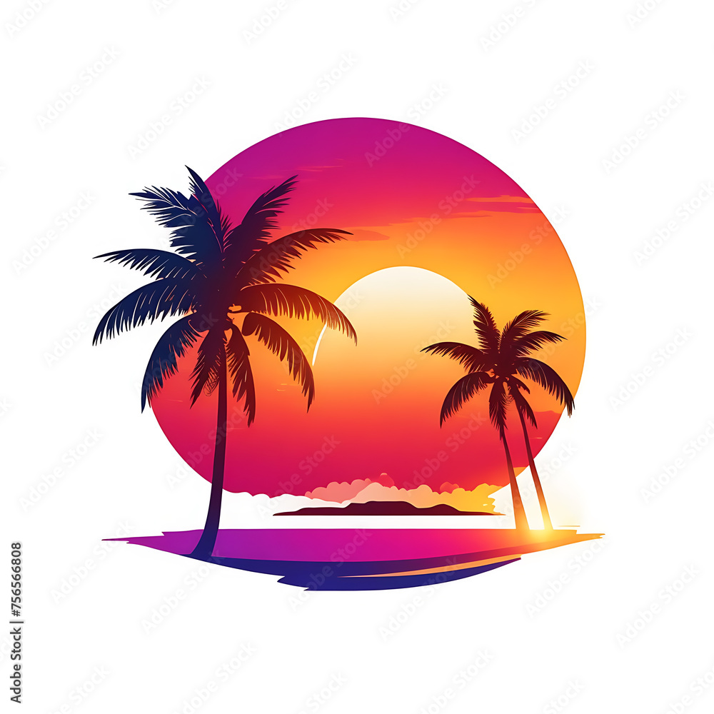 graphic logo illustration Hawaiian Sunset with palm trees. white solid background. drop shadow. vibrant colors. vector art design