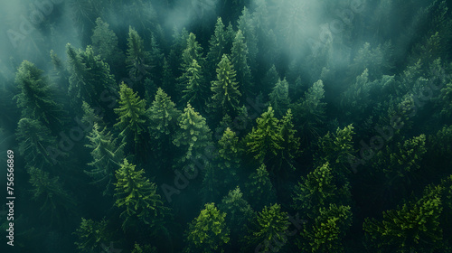 Aerial view of foggy evergreen forest with trees shrouded in mist