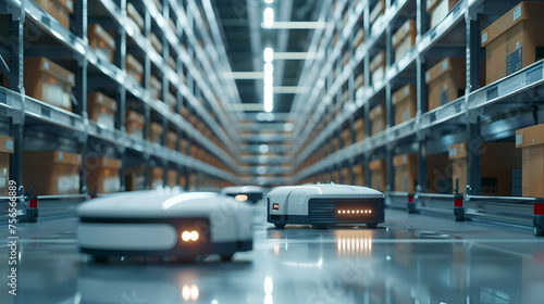 Autonomous Mobile Robots delivering shelves  Automated Retail Warehouse AGV Robots with Info graphics Delivering Cardboard Boxes in Distribution Logistics Center. Delivery robot  Generative Ai