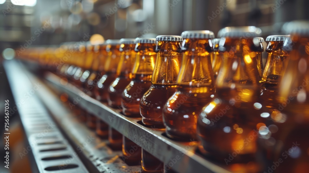 Shimmering bottles lined up on a factory's conveyor belt. Shimmering bottles lined up on a factory's conveyor belt.