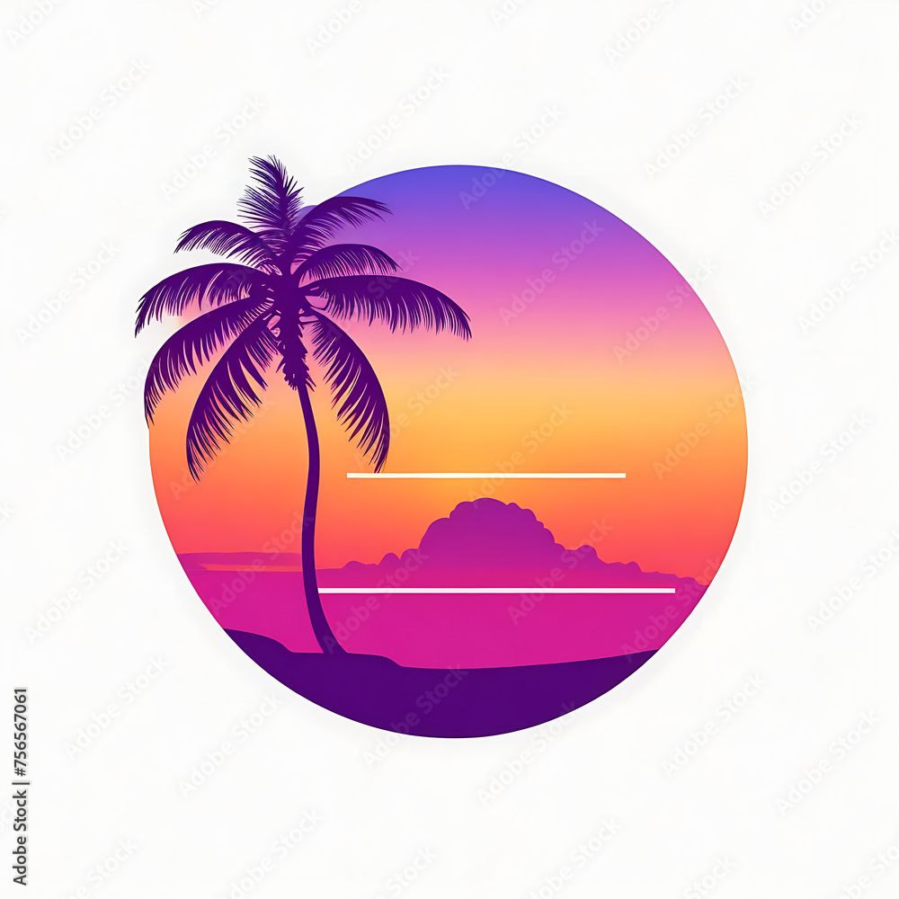 graphic logo illustration Hawaiian Sunset with palm trees. white solid background. drop shadow. vibrant colors. vector art design