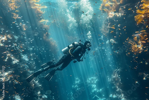 Underwater tranquility with sunbeams piercing through as a diver explores amidst schools of fish © Larisa AI