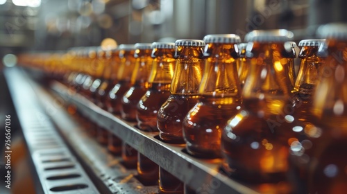 Shimmering bottles lined up on a factory's conveyor belt.