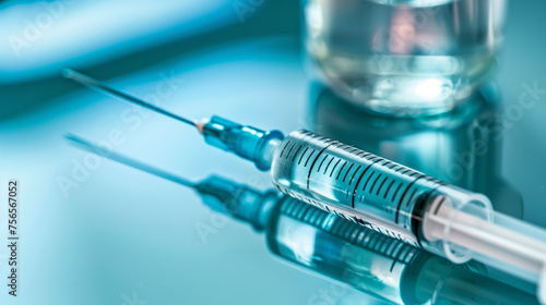 syringe and needle on blue background, ai