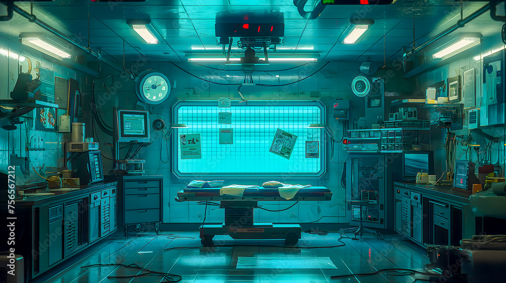 a medical operating room with an operating table and equipment a medical operating room with an operating table and equipment