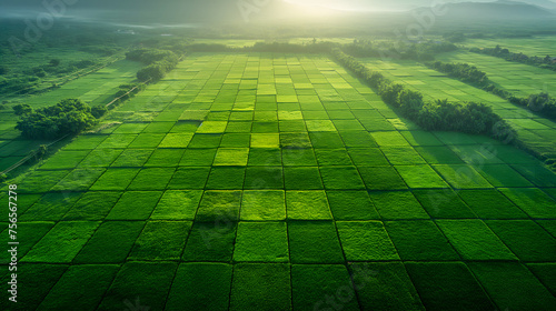 Aerial view of green rice field in the morning with sunlight.