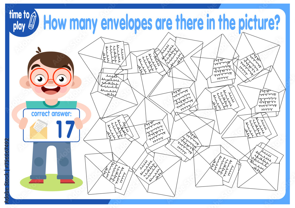 Count how many envelopes are hidden in the picture. How many objects are there in the picture? Educational game for children. Colorful cartoon characters. Funny vector illustration. Count how many envelopes are hidden in the picture. How many objects are there in the picture? Educational game for children. Colorful cartoon characters. Funny vector illustration.