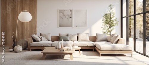 Minimal modern Scandinavian living room interior with furniture and textures. © Lasvu