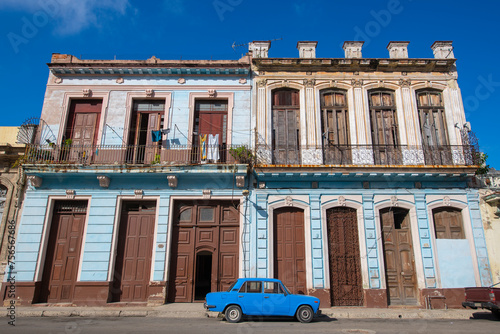 Historic buildings on Calle Industria Street at Calle Barcelona Street next to Capitolio in Old Havana (La Habana Vieja), Cuba. Old Havana is a World Heritage Site. 