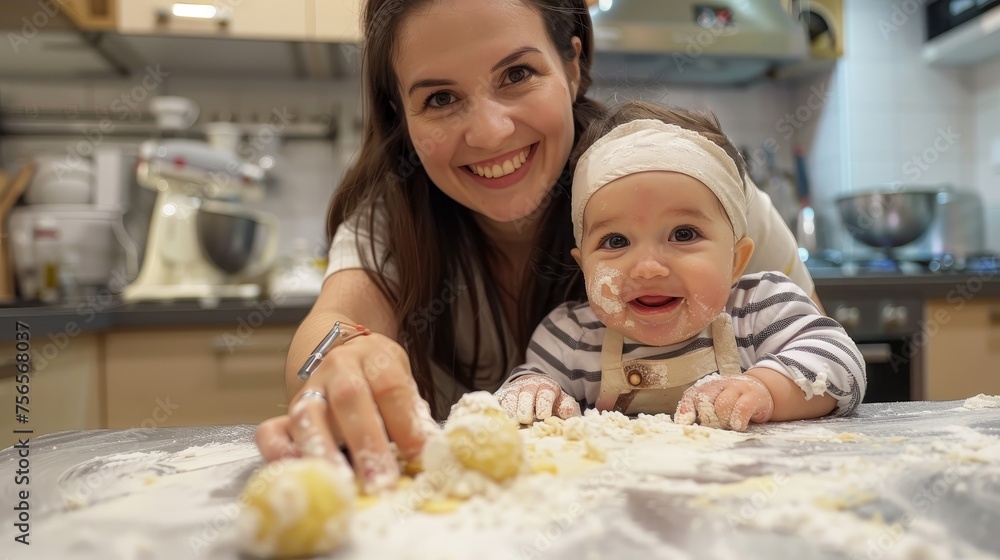 A joyful mother and her infant, both sprinkled with flour, share a playful moment while making dough in a home kitchen. A joyful mother and her infant, both sprinkled with flour, share a playful moment while making dough in a home kitchen.