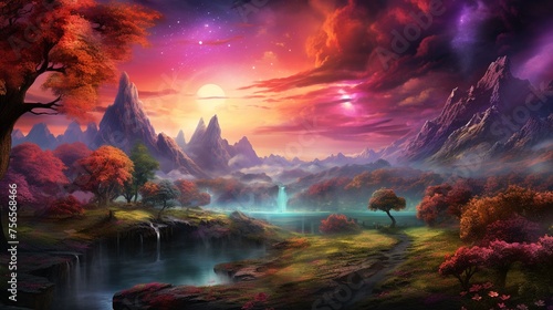 Iridescent skies and sparkling waters define the vibrant colorful worlds of fantasy