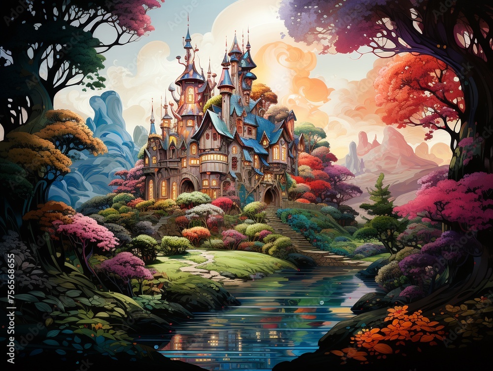 The vibrant colors of a fairy tale world where the imagination conjures dreamy landscapes and mythical creatures in sparkling