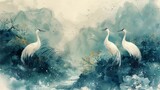 A Japanese background with crane birds or herons elements modern. Hand drawn wave chinese clouds in a vintage style. Watercolor painting with art abstract banner.