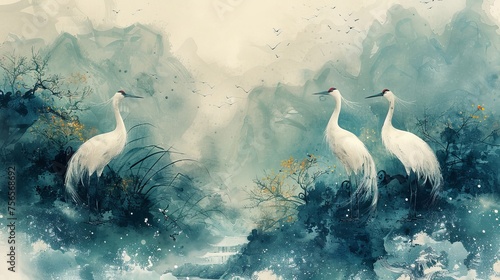 A Japanese background with crane birds or herons elements modern. Hand drawn wave chinese clouds in a vintage style. Watercolor painting with art abstract banner. photo