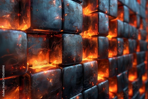 The image shows a fiery glow within burnt wooden blocks, giving a feeling of hidden energy and intense power within