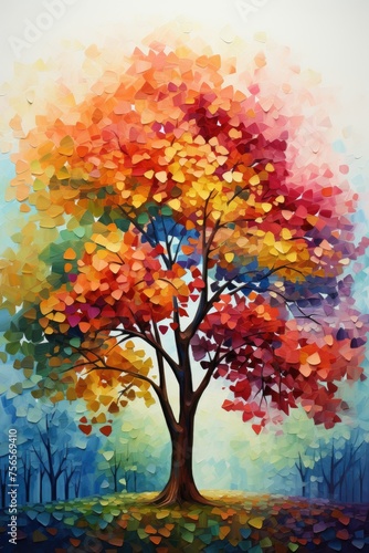 Autumn Tree with Colorful Leaves. Oil Painting Brush Stock Illustration Art, Abstract Watercolor Landscape background.