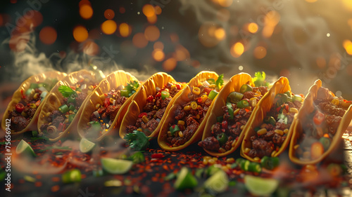 Tacos with flames and sparks out of focus, 3/4 front view in a horizontal layout, in a Mexican food-themed, photorealistic illustration in JPG. Generative ai photo