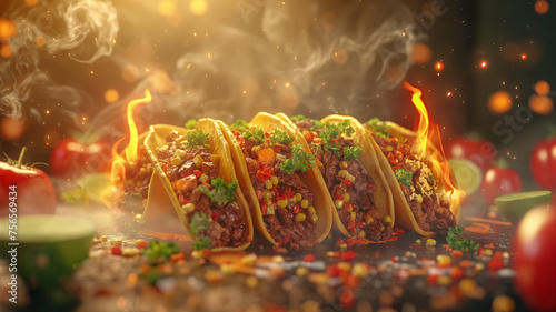 Tacos with flames and sparks out of focus, 3/4 front view in a horizontal layout, in a Mexican food-themed, photorealistic illustration in JPG. Generative ai photo