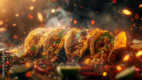 Tacos with flames and sparks out of focus, 3/4 front view in a horizontal layout, in a Mexican food-themed, photorealistic illustration in JPG. Generative ai