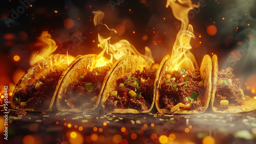 Tacos with flames and sparks out of focus, 3/4 front view in a horizontal layout, in a Mexican food-themed, photorealistic illustration in JPG. Generative ai