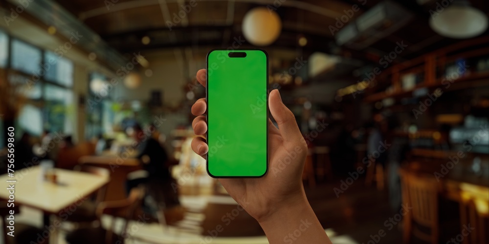 Person holding a smartphone with a green screen in a blurred cafe setting