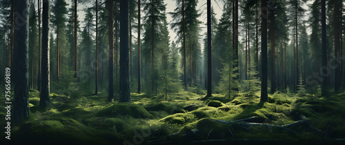 Spruce Tree Forest, Sunbeams through Fog illuminating Moss and Fern Covered Forest Floor, Creating a Mystic Atmosphere.