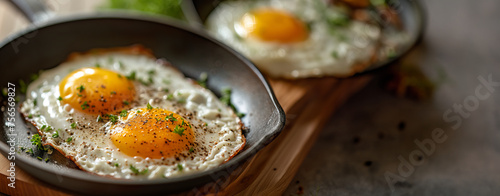 close up of fried eggs with yolk on a plate with spring onions for healthy food breakfast, brunch in scandinavian minimalist food design kitchen magazine editorial look natural light	