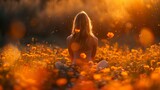 Woman meditating in orange flower field at sunset