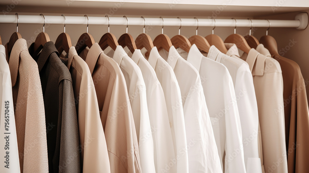 Assortment of shirts and blouses in neutral tones hangs on hangers in closet Assortment of shirts and blouses in neutral tones hangs on hangers in closet