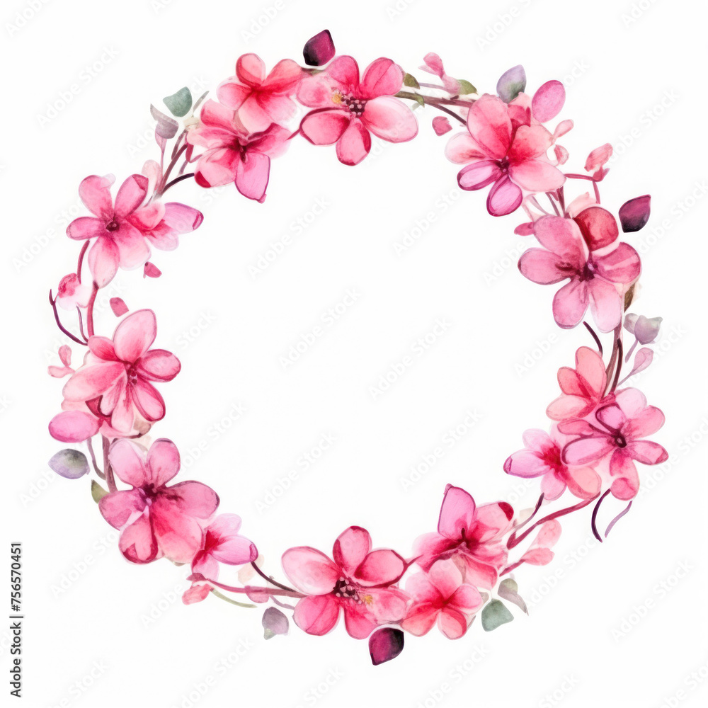 Watercolor floral wreath with pink flowers on a white background.